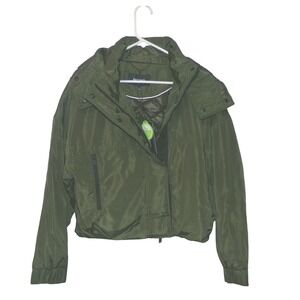 BCBG Women Army Green Cropped Puffer Bomber Jacket Hooded  Large NWT
